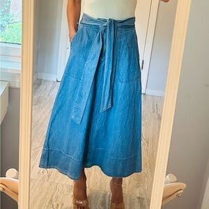 Blue Tie Front A-Line Midi Skirt